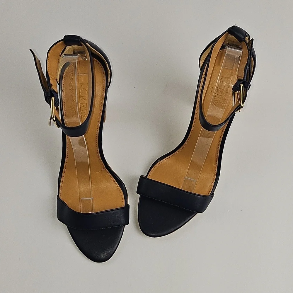 J. Crew Leather Navy Blue Open Toe Ankle Strap Wooden Block Heel Sandal